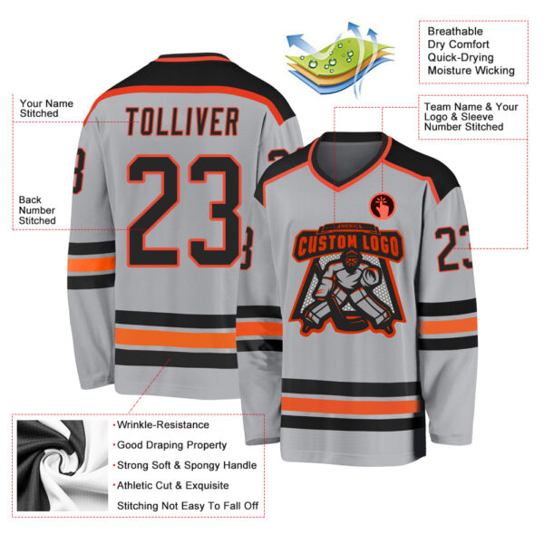 Custom Gray Black-Orange Hockey Jersey - Image 3