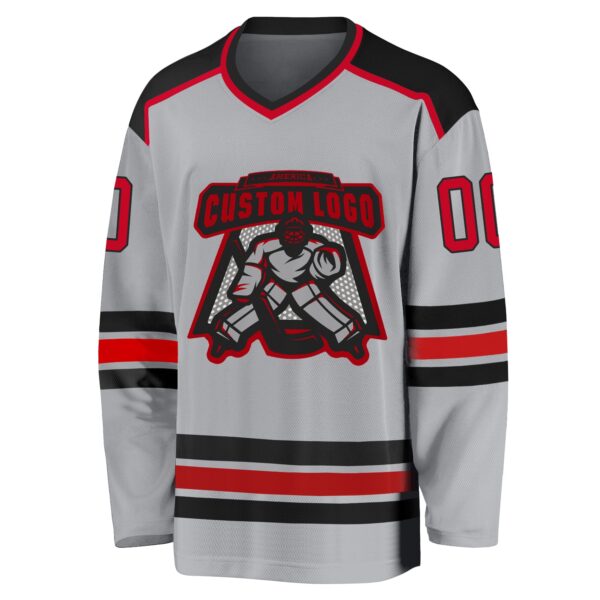Custom Gray Red-Black Hockey Jersey - Image 2