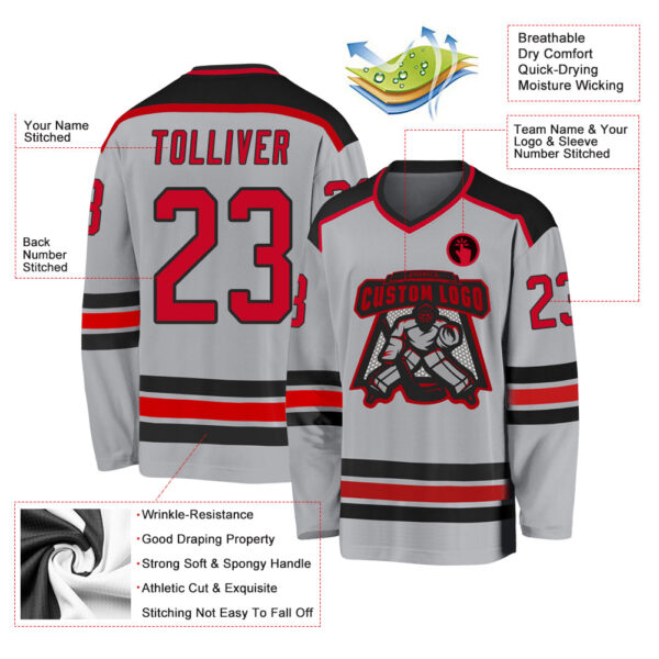 Custom Gray Red-Black Hockey Jersey - Image 3