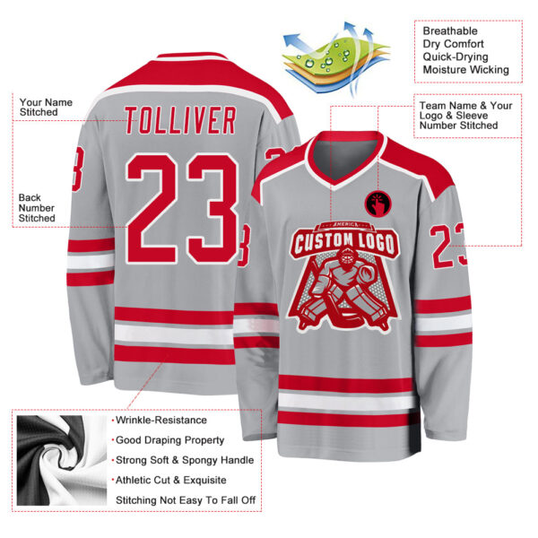 Custom Gray Red-White Hockey Jersey - Image 3