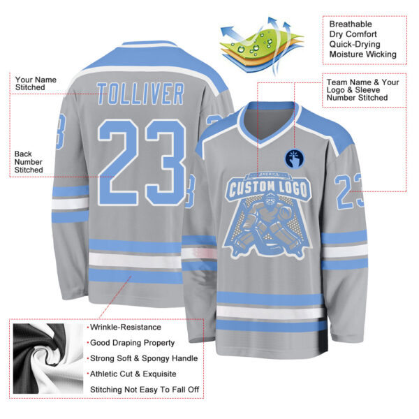 Custom Gray Light Blue-White Hockey Jersey - Image 3