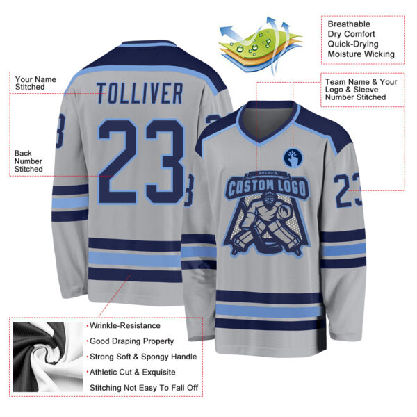 Custom Gray Navy-Light Blue Hockey Jersey - Image 3