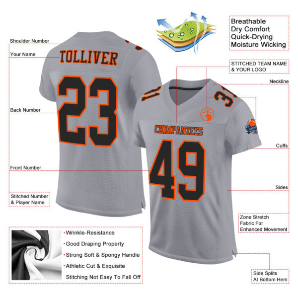 Custom Gray Black-Orange Mesh Authentic Football Jersey - Image 2