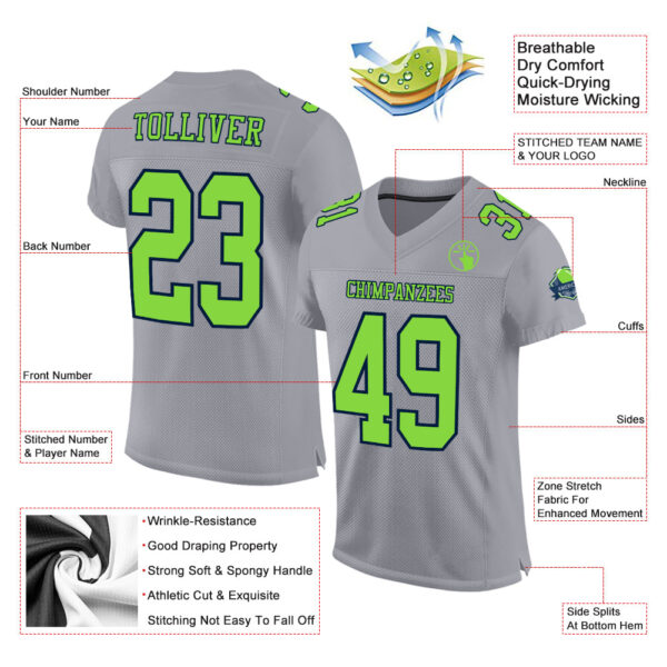 Custom Gray Neon Green-Navy Mesh Authentic Football Jersey - Image 2