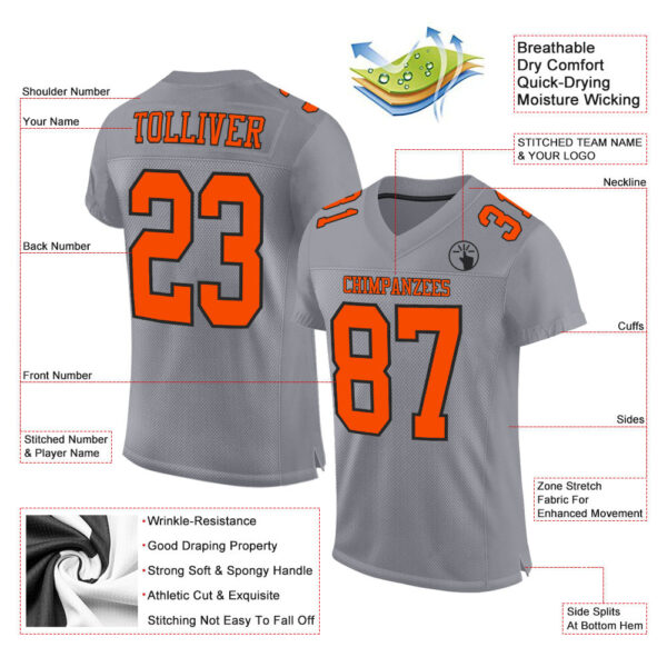 Custom Gray Orange-Black Mesh Authentic Football Jersey - Image 2
