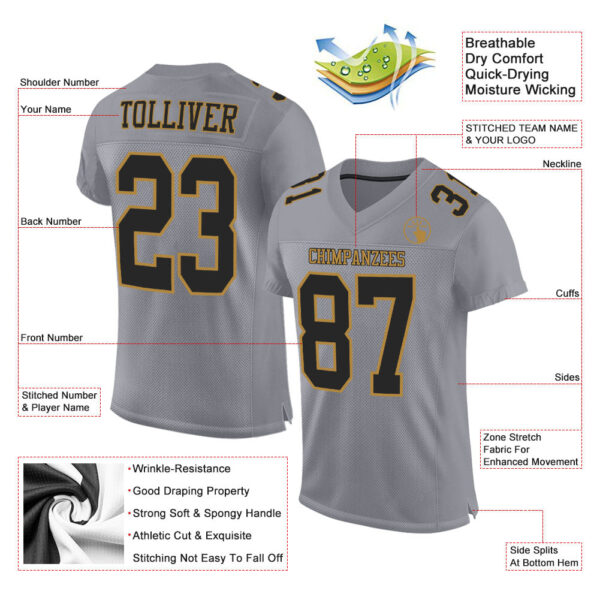 Custom Gray Black-Old Gold Mesh Authentic Football Jersey - Image 2