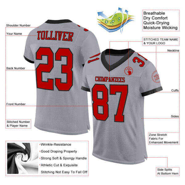 Custom Gray Red-Black Mesh Authentic Football Jersey - Image 2