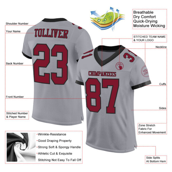 Custom Gray Crimson-Black Mesh Authentic Football Jersey - Image 2