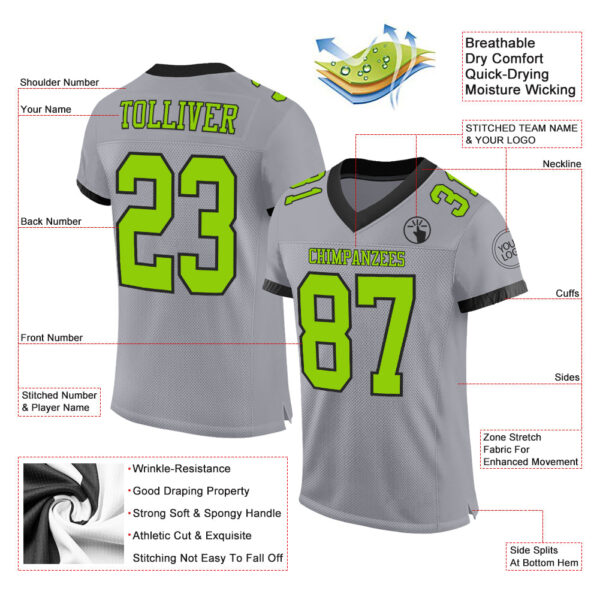Custom Gray Neon Green-Black Mesh Authentic Football Jersey - Image 2