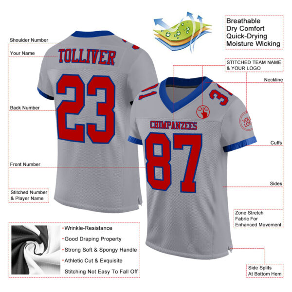 Custom Gray Red-Royal Mesh Authentic Football Jersey - Image 2