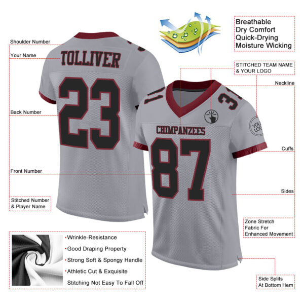 Custom Gray Black-Burgundy Mesh Authentic Football Jersey - Image 2