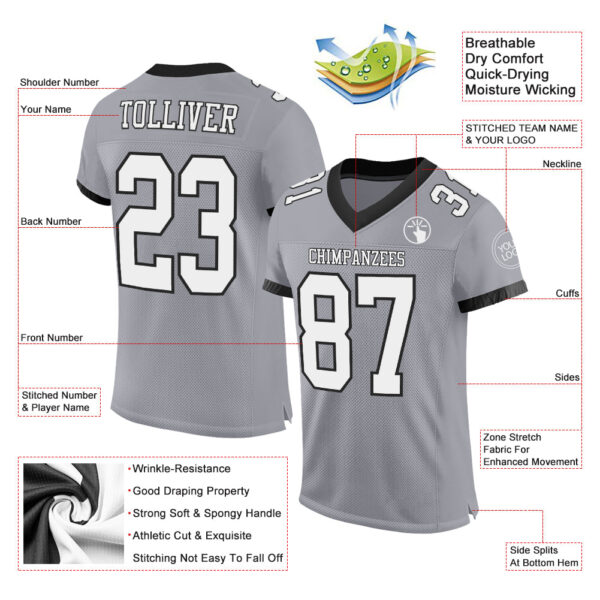 Custom Gray White-Black Mesh Authentic Football Jersey - Image 2
