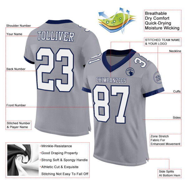 Custom Gray White-Navy Mesh Authentic Football Jersey - Image 2