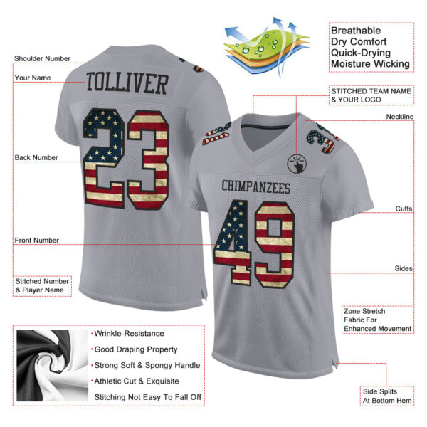 Custom Gray Vintage USA Flag-Black Mesh Authentic Football Jersey - Image 2
