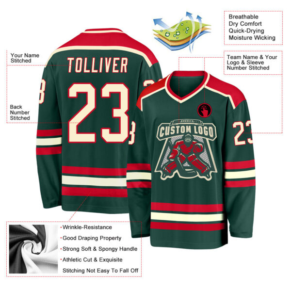 Custom Green Cream-Red Hockey Jersey - Image 3