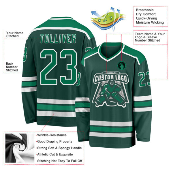 Custom Green Kelly Green-White Hockey Jersey - Image 3