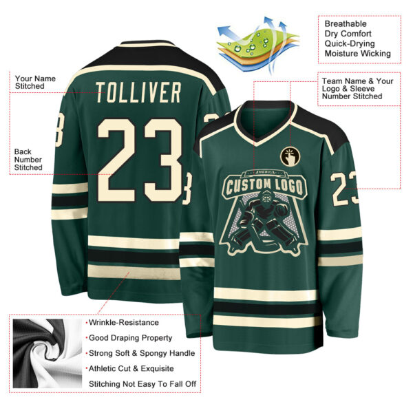 Custom Green Cream-Black Hockey Jersey - Image 3