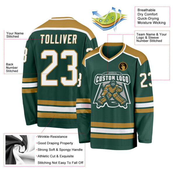 Custom Green White-Old Gold Hockey Jersey - Image 4