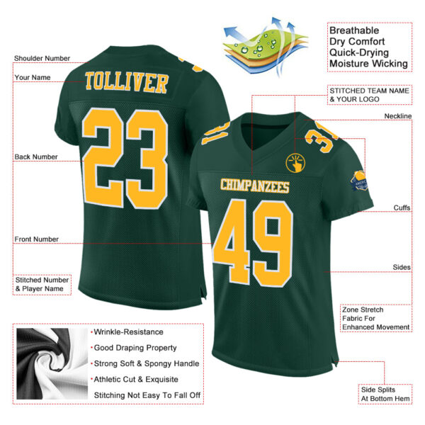 Custom Green Gold-White Mesh Authentic Football Jersey - Image 2