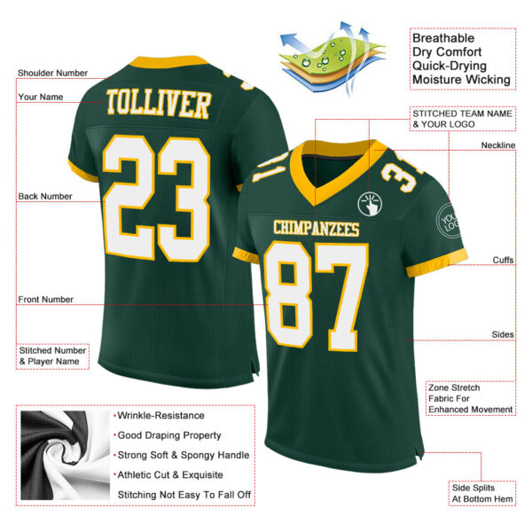 Custom Green White-Gold Mesh Authentic Football Jersey - Image 2