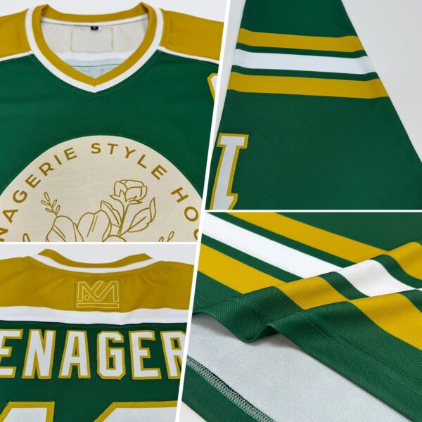 Custom Green White-Old Gold Hockey Jersey - Image 2