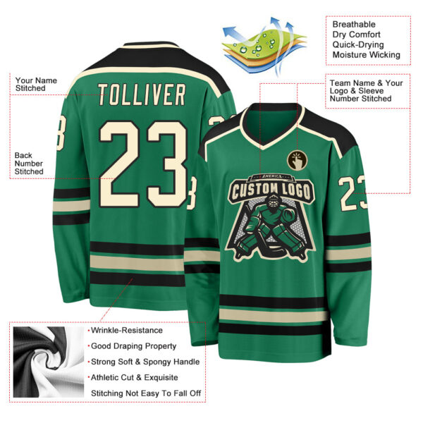 Custom Kelly Green Cream-Black Hockey Jersey - Image 3