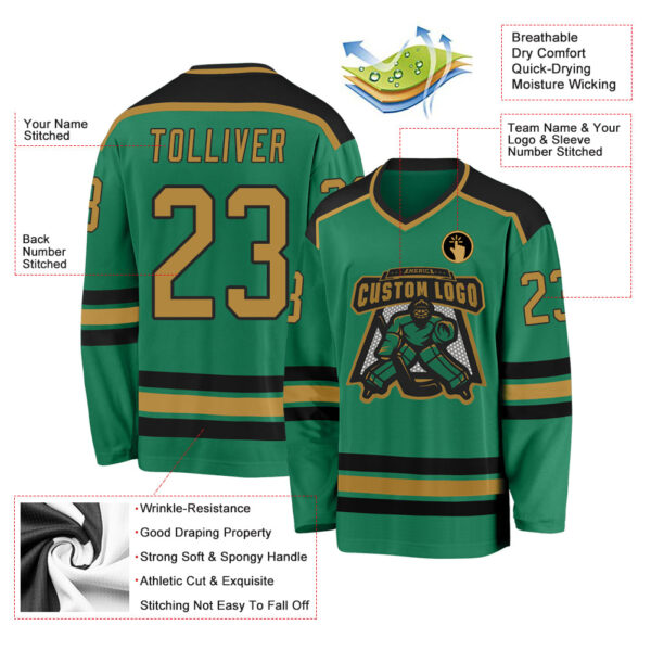 Custom Kelly Green Old Gold-Black Hockey Jersey - Image 3