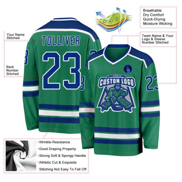 Custom Kelly Green Royal-White Hockey Jersey - Image 3