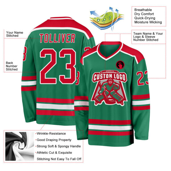 Custom Kelly Green Red-White Hockey Jersey - Image 3