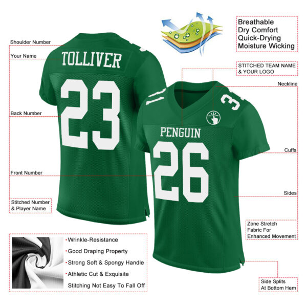 Custom Kelly Green White Mesh Authentic Football Jersey - Image 2