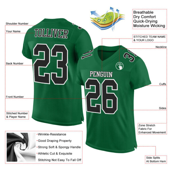 Custom Kelly Green Black-White Mesh Authentic Football Jersey - Image 2