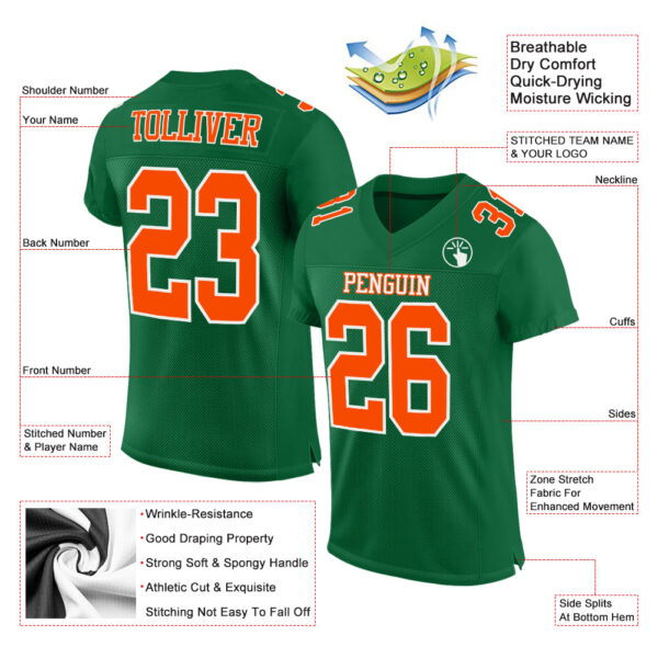 Custom Kelly Green Orange-White Mesh Authentic Football Jersey - Image 2