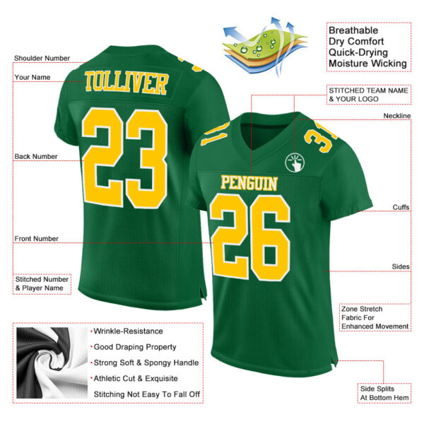 Custom Kelly Green Gold-White Mesh Authentic Football Jersey - Image 2