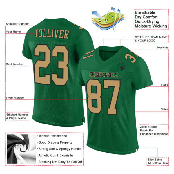 Custom Kelly Green Old Gold-Black Mesh Authentic Football Jersey - Image 2