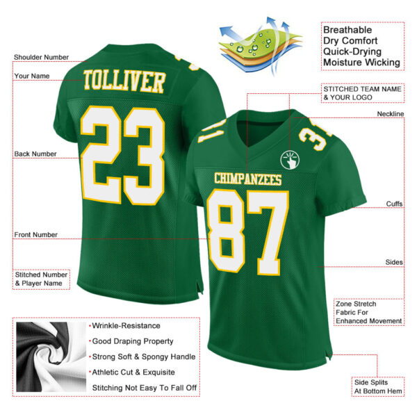 Custom Kelly Green White-Gold Mesh Authentic Football Jersey - Image 2