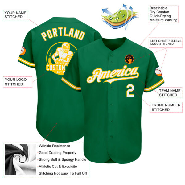 Custom Kelly Green White-Yellow Authentic Baseball Jersey - Image 3