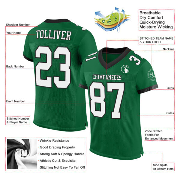 Custom Kelly Green White-Black Mesh Authentic Football Jersey - Image 2