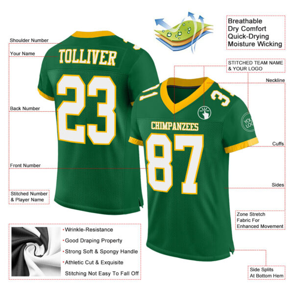 Custom Kelly Green White-Gold Mesh Authentic Football Jersey - Image 2