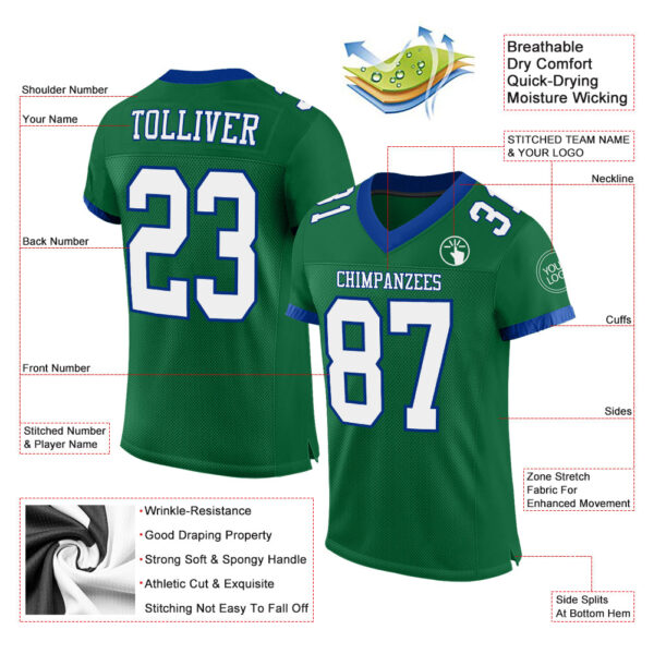 Custom Kelly Green White-Royal Mesh Authentic Football Jersey - Image 2