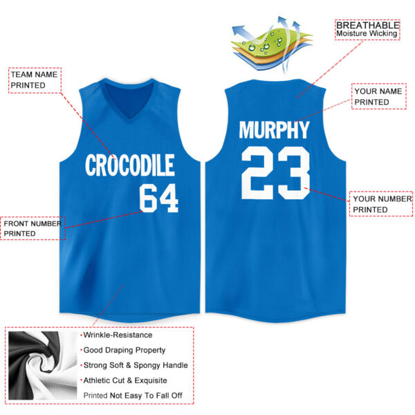 Custom Blue White V-Neck Basketball Jersey - Image 2