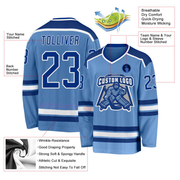 Custom Light Blue Royal-White Hockey Jersey - Image 3
