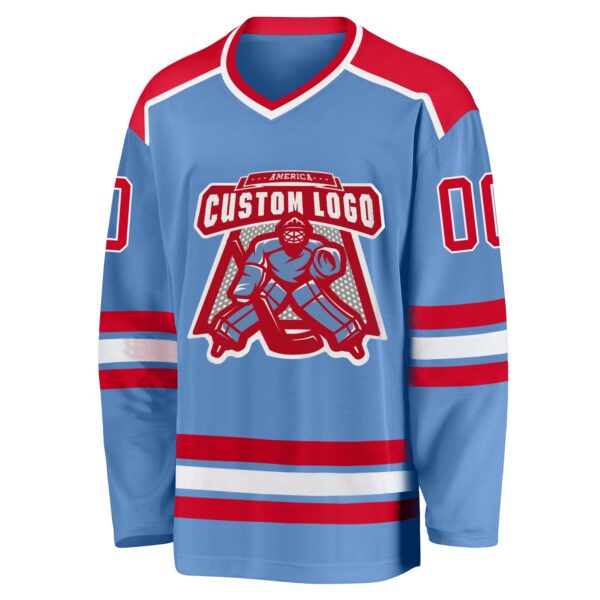 Custom Light Blue Red-White Hockey Jersey - Image 2
