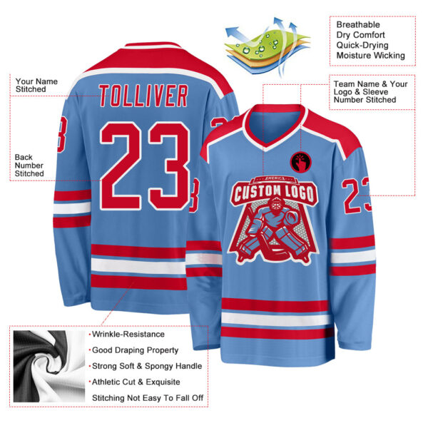 Custom Light Blue Red-White Hockey Jersey - Image 3