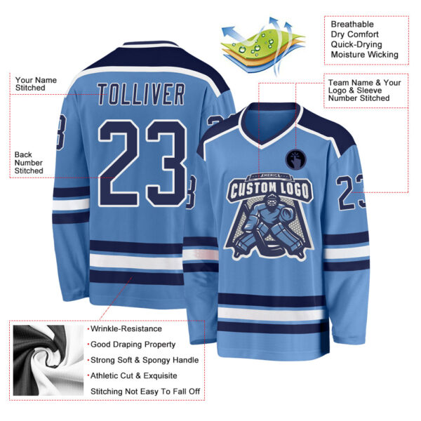 Custom Light Blue Navy-White Hockey Jersey - Image 3