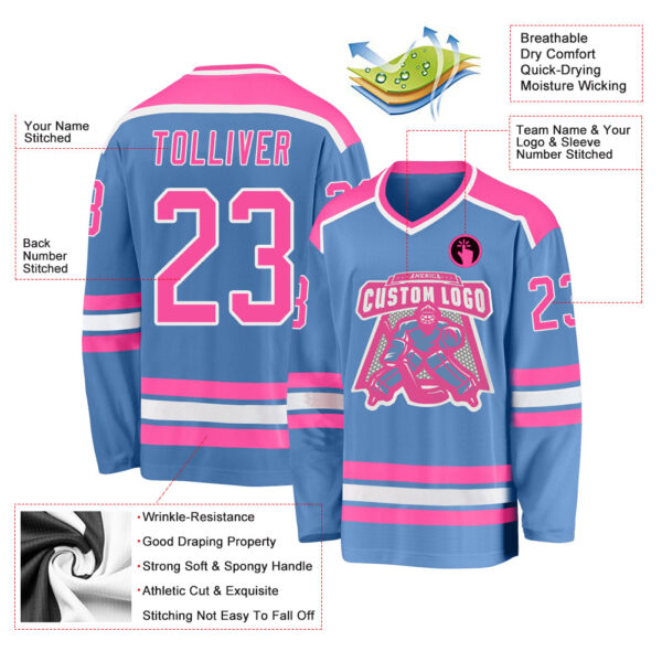 Custom Light Blue Pink-White Hockey Jersey - Image 3