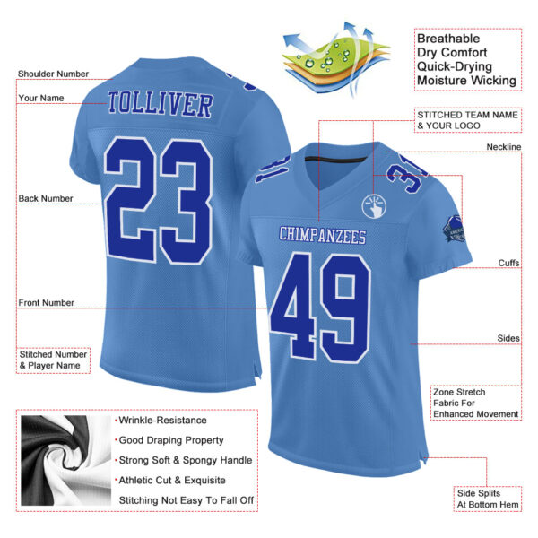 Custom Light Blue Royal-White Mesh Authentic Football Jersey - Image 2