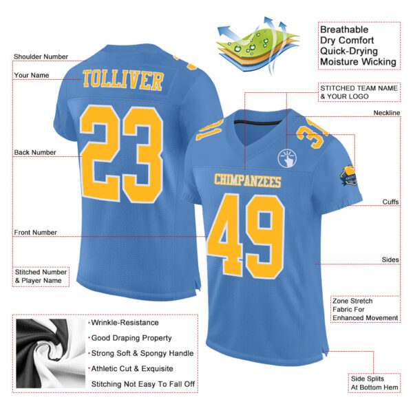 Custom Light Blue Gold-White Mesh Authentic Football Jersey - Image 2