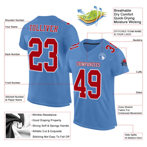 Custom Light Blue Red-White Mesh Authentic Football Jersey - Image 2