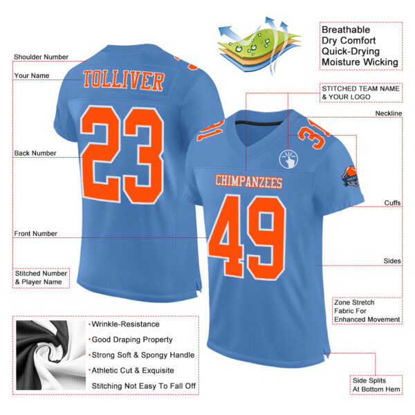 Custom Light Blue Orange-White Mesh Authentic Football Jersey - Image 2