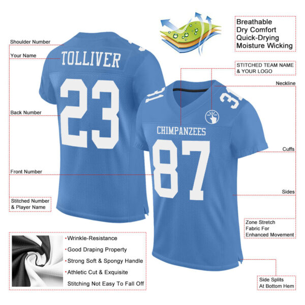 Custom Light Blue White Mesh Authentic Football Jersey - Image 2